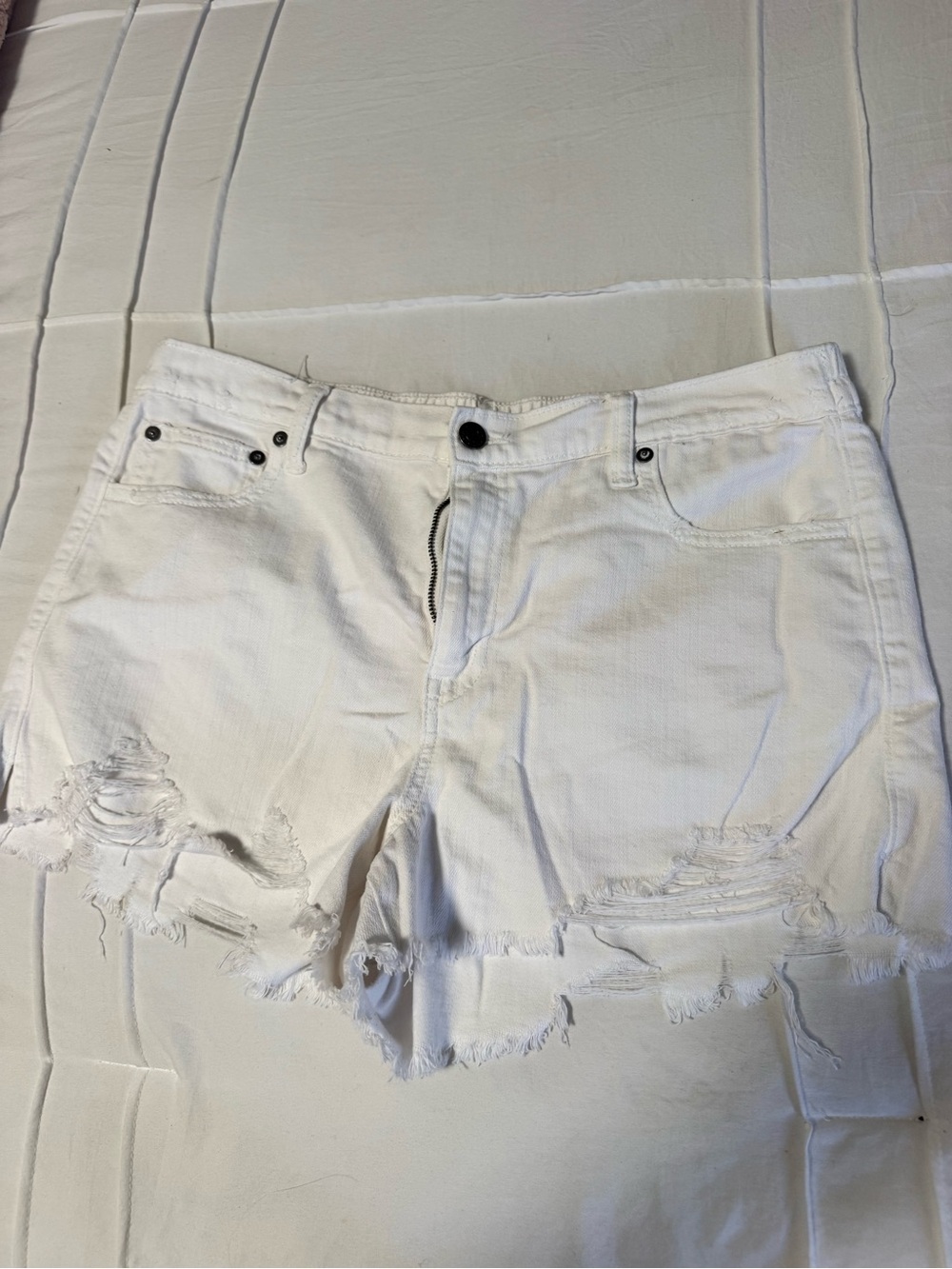 aerie Scrunch Waistband White Distressed Frayed Hem Denim Shorts